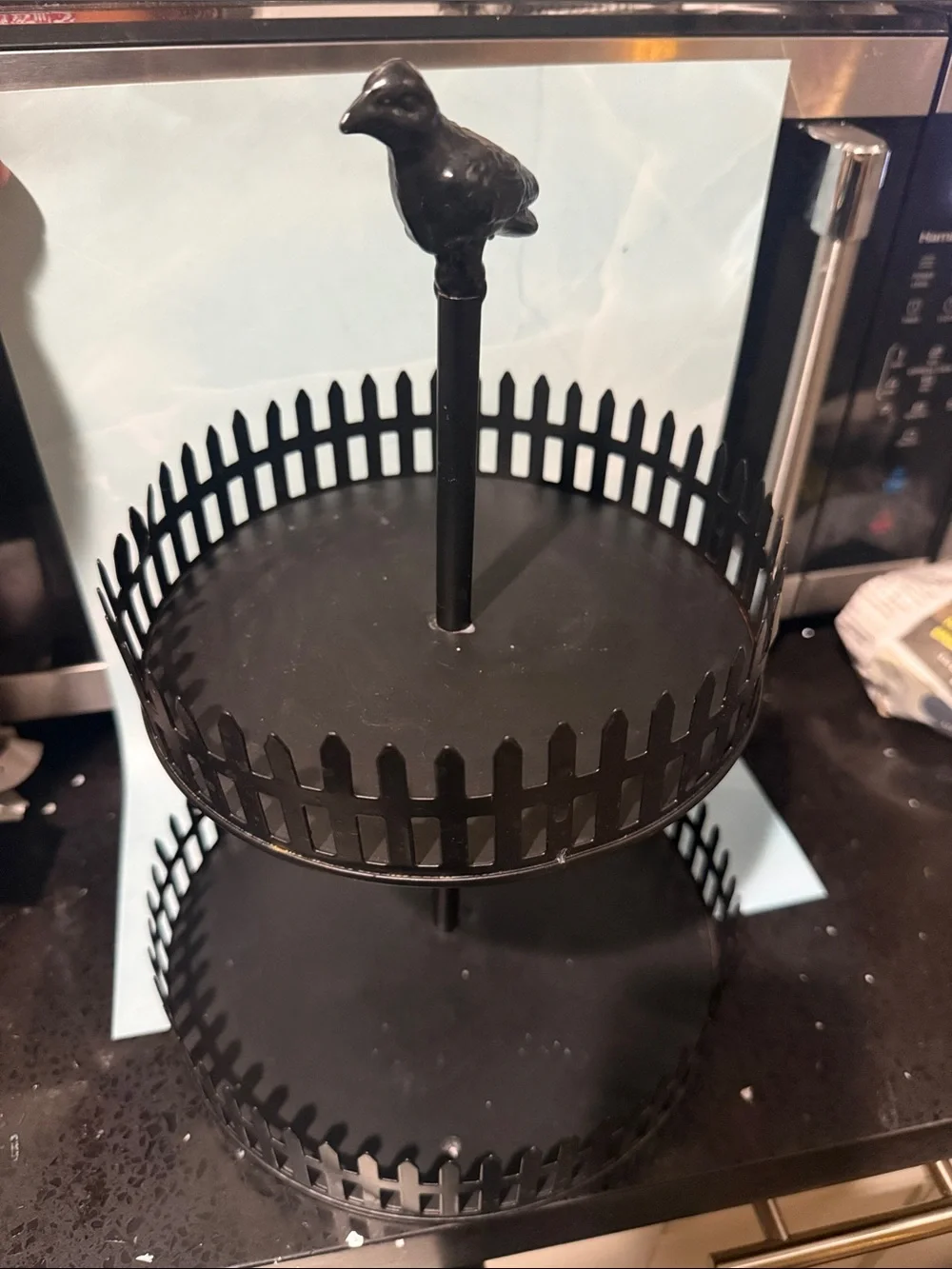 Black Two-Tier Metal Dessert Stand with Bird Accent - 12”